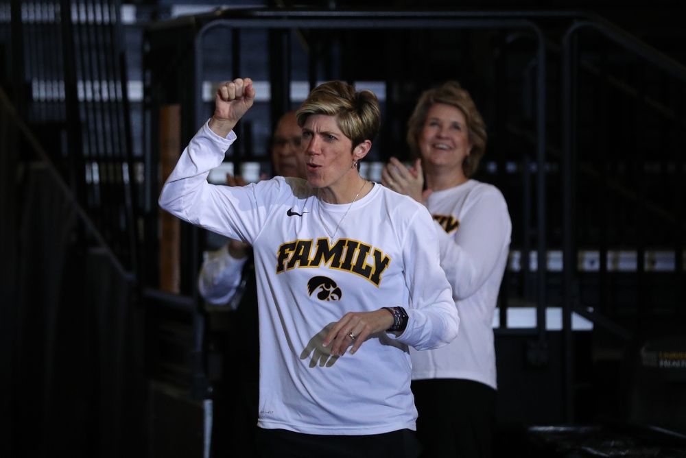 Iowa Hawkeyes associate head coach Jan Jensen during a celebration of their Big Ten Women's Basketball Tournament championship Monday, March 18, 2019 at Carver-Hawkeye Arena. (Brian Ray/hawkeyesports.com)