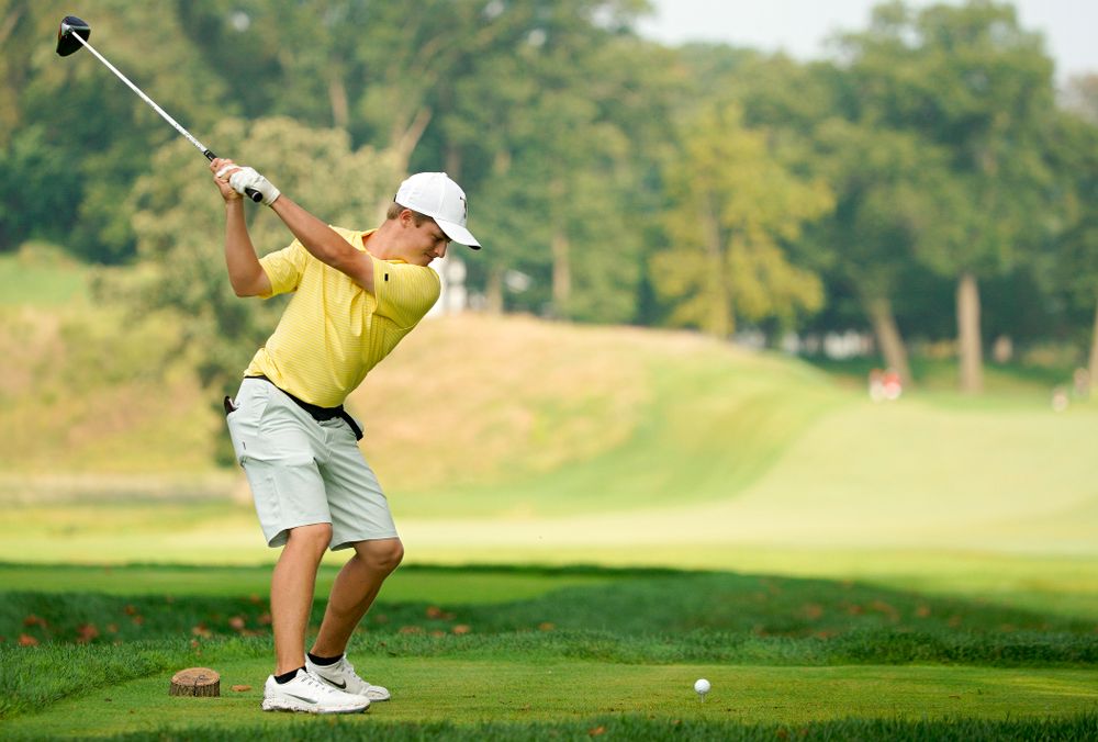 Iowa’s Matthew Garside tees off during the third day of the Golfweek Conference Challenge at the Cedar Rapids Country Club in Cedar Rapids on Tuesday, Sep 17, 2019. (Stephen Mally/hawkeyesports.com)