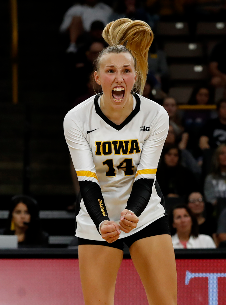 Iowa Hawkeyes outside hitter Cali Hoye (14) against the Michigan Wolverines Sunday, September 23, 2018 at Carver-Hawkeye Arena. (Brian Ray/hawkeyesports.com)