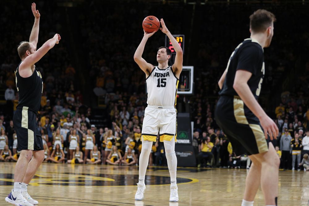Iowa Hawkeyes forward Ryan Kriener (15) against the Purdue Boilermakers Tuesday, March 3, 2020 at Carver-Hawkeye Arena. (Brian Ray/hawkeyesports.com)