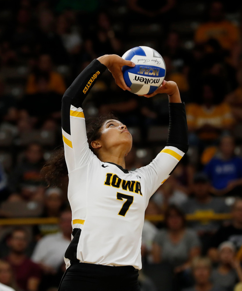 Iowa Hawkeyes setter Gabrielle Orr (7) against Eastern Illinois Sunday, September 9, 2018 at Carver-Hawkeye Arena. (Brian Ray/hawkeyesports.com)