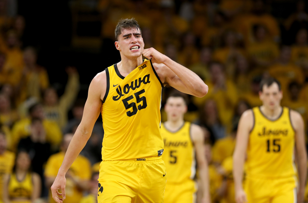 Iowa Hawkeyes forward Luka Garza (55) reacts after a blocked shot against the Rutgers Scarlet Knights Wednesday, January 22, 2020 at Carver-Hawkeye Arena. (Brian Ray/hawkeyesports.com)