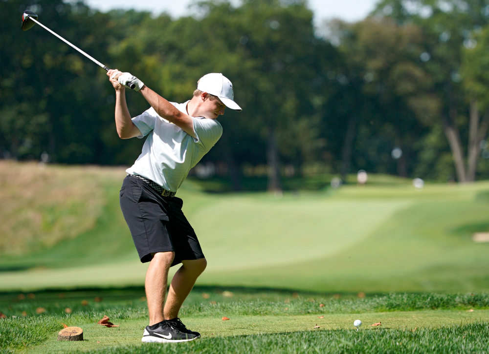 Iowa’s Matthew Garside tees off during the second day of the Golfweek Conference Challenge at the Cedar Rapids Country Club in Cedar Rapids on Monday, Sep 16, 2019. (Stephen Mally/hawkeyesports.com)