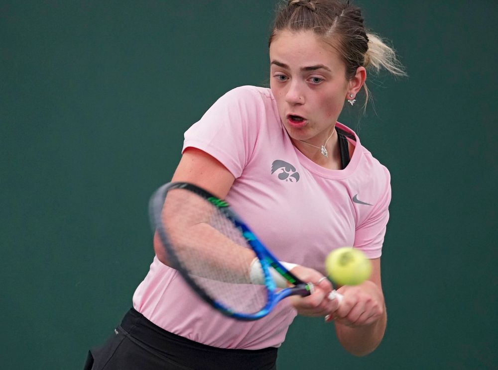 Iowa's Sophie Clark plays a match against Purdue at the Hawkeye Tennis and Recreation Complex in Iowa City on Friday, Mar. 29, 2019. (Stephen Mally/hawkeyesports.com)