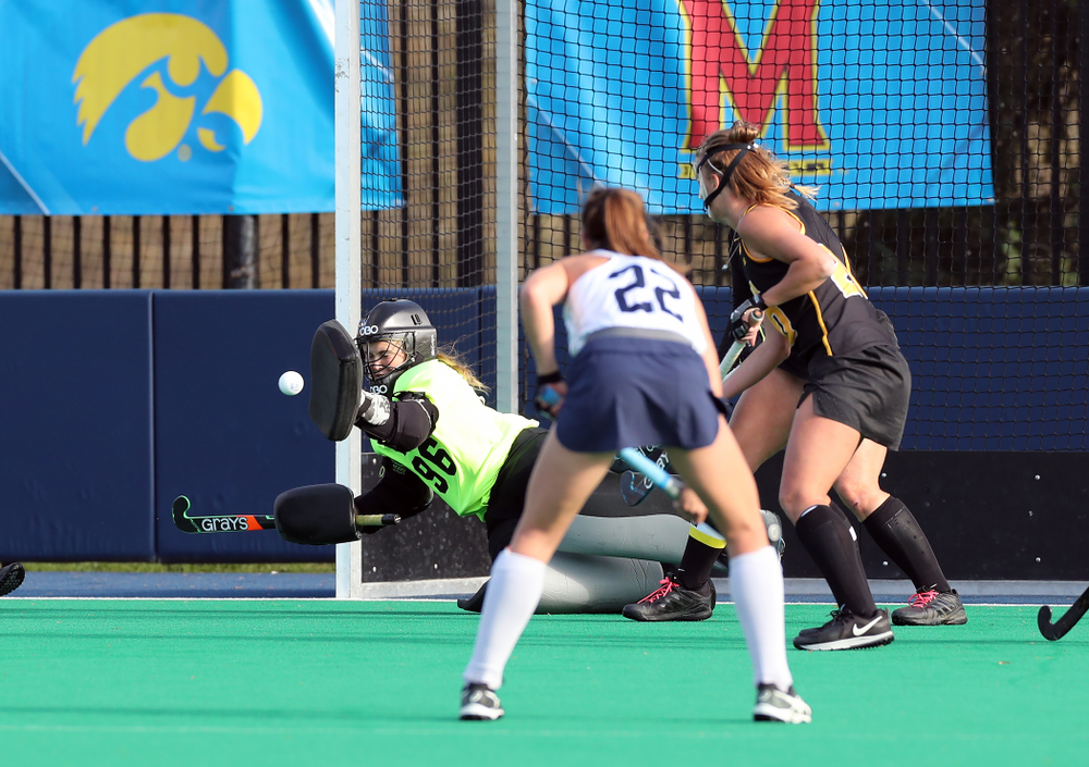 Iowa Hawkeyes goaltender Leslie Speight (96) makes a save against Penn State in the 2019 Big Ten Field Hockey Tournament Championship Game Sunday, November 10, 2019 in State College. (Brian Ray/hawkeyesports.com)
