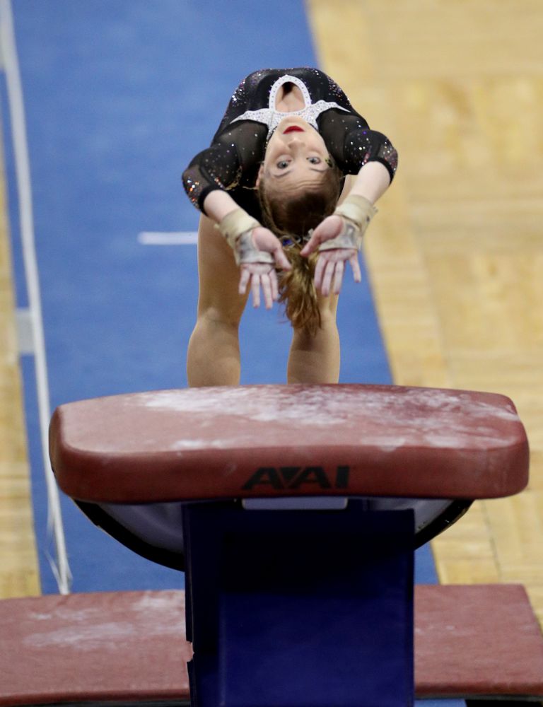 Iowa’s Lauren Guerin competes on the vault against Michigan State Saturday, February 1, 2020 at Carver-Hawkeye Arena. (Brian Ray/hawkeyesports.com)
