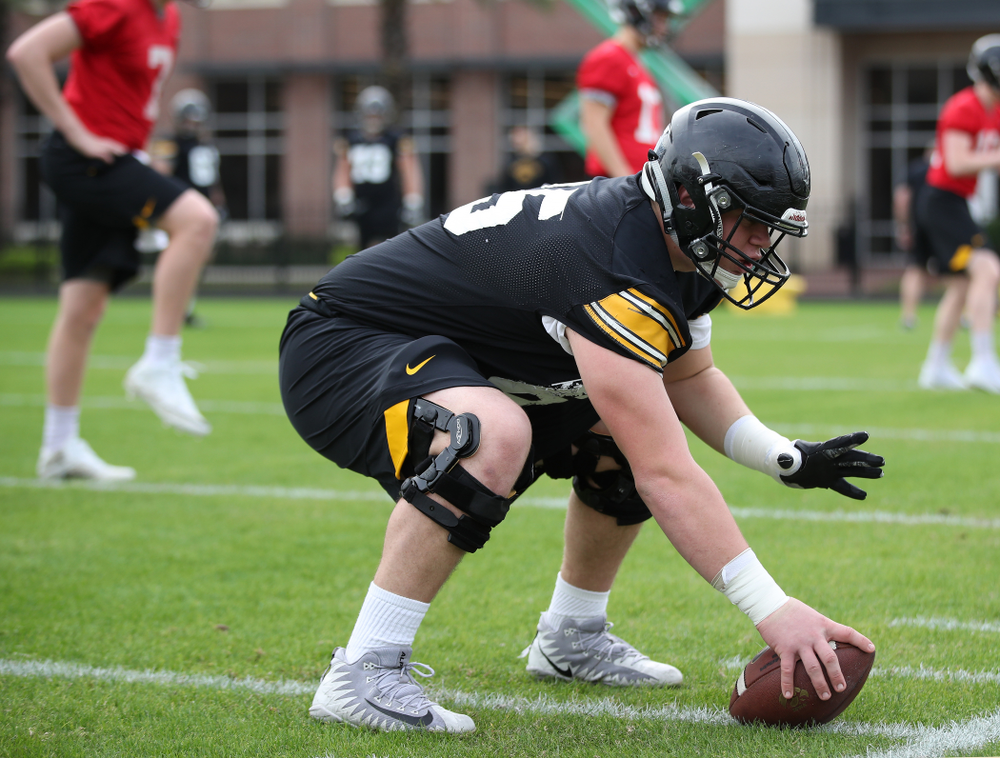 Iowa Hawkeyes offensive lineman Tyler Linderbaum (65)during the team's first Outback Bowl Practice in Florida Thursday, December 27, 2018 at Tampa University. (Brian Ray/hawkeyesports.com)