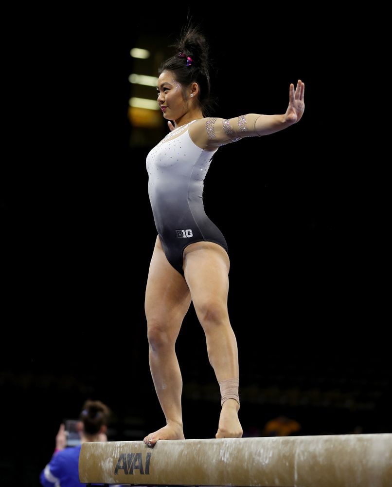 IowaÕs Clair Kaji competes on the beam against Ball State and Air Force Saturday, January 11, 2020 at Carver-Hawkeye Arena. (Brian Ray/hawkeyesports.com)