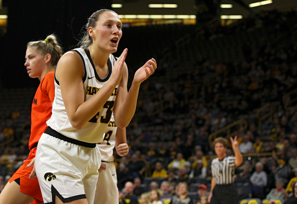 Iowa forward Amanda Ollinger (43) claps during the first quarter of their overtime win against Princeton at Carver-Hawkeye Arena in Iowa City on Wednesday, Nov 20, 2019. (Stephen Mally/hawkeyesports.com)