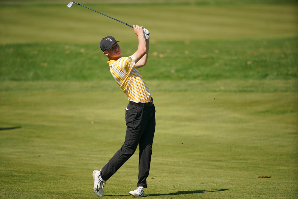 Iowa's Benton Weinberg hits from the fairway during the third round of the Hawkeye Invitational at Finkbine Golf Course in Iowa City on Sunday, Apr. 21, 2019. (Stephen Mally/hawkeyesports.com)