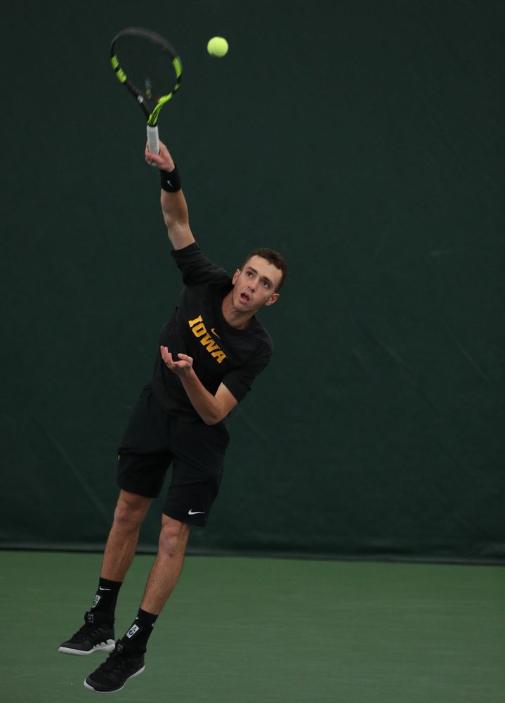 Iowa's Kareem Allaf against UMKC Friday, February 15, 2019 at the Hawkeye Tennis and Recreation Complex. (Brian Ray/hawkeyesports.com)