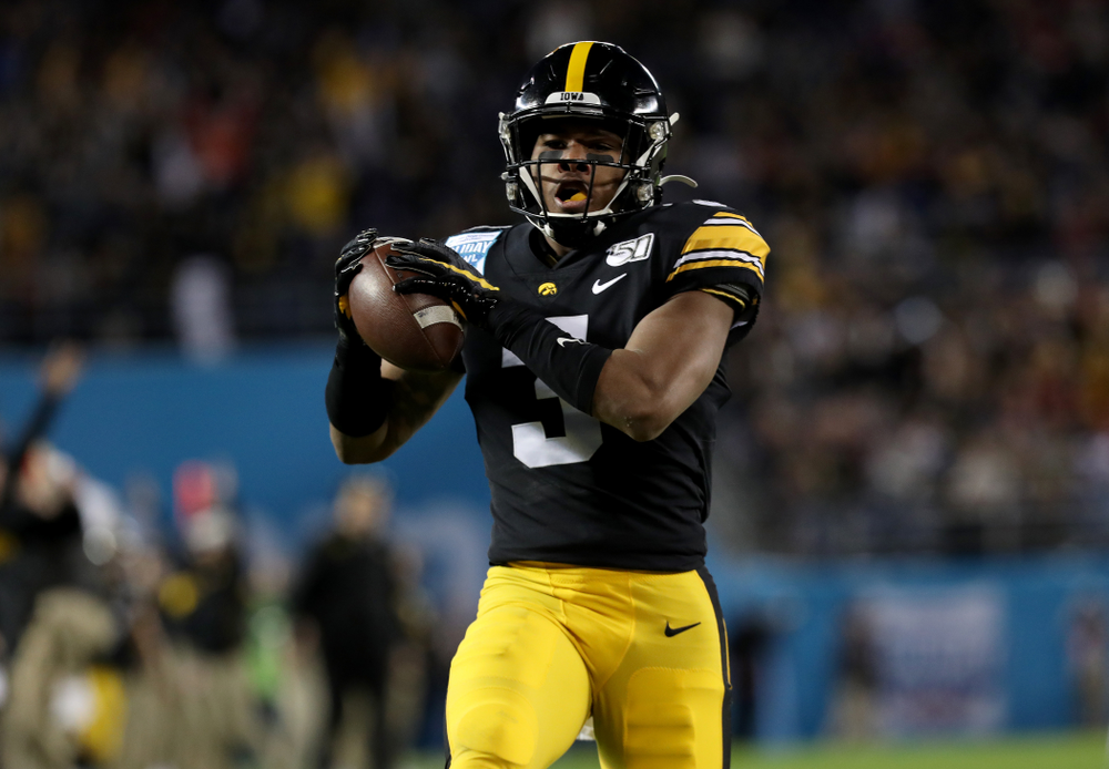 Iowa Hawkeyes wide receiver Tyrone Tracy Jr. (3) scores against USC in the Holiday Bowl Friday, December 27, 2019 at San Diego Community Credit Union Stadium. (Brian Ray/hawkeyesports.com)