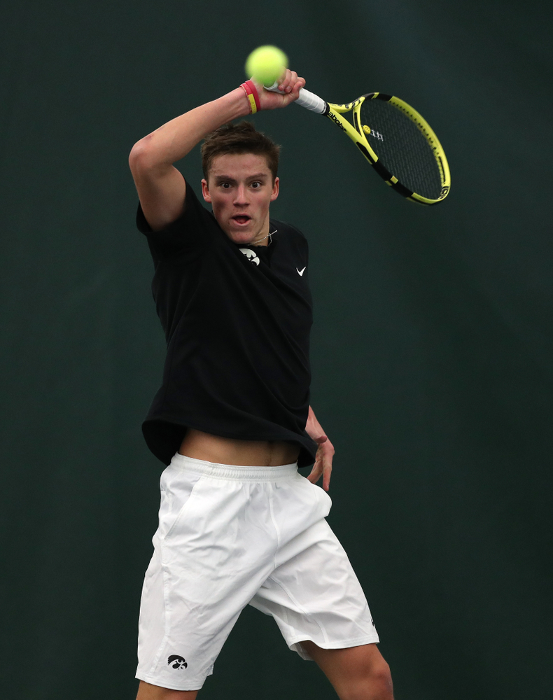 Joe Tyler against Utah Sunday, February 10, 2019 at the Hawkeye Tennis and Recreation Complex. (Brian Ray/hawkeyesports.com)
