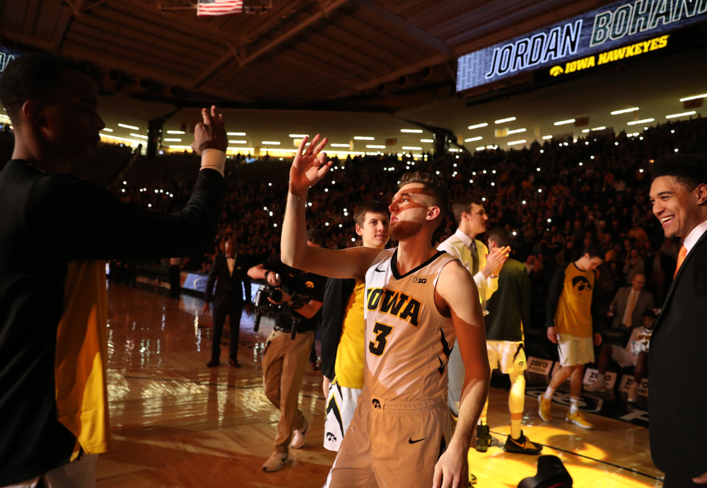 Iowa Hawkeyes guard Jordan Bohannon (3) against the Northwestern Wildcats Sunday, February 10, 2019 at Carver-Hawkeye Arena. (Brian Ray/hawkeyesports.com)