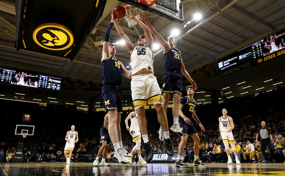Iowa Hawkeyes forward Luka Garza (55) against the Michigan Wolverines Friday, January 17, 2020 at Carver-Hawkeye Arena. (Brian Ray/hawkeyesports.com)