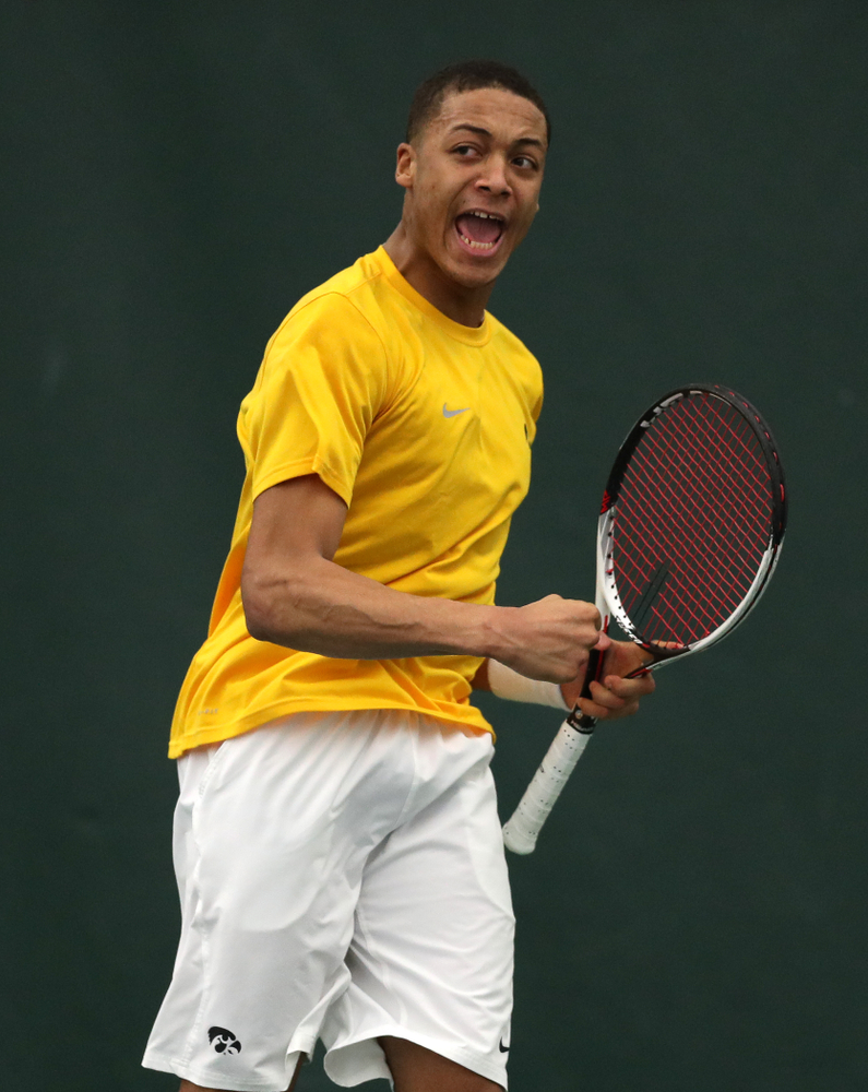 Oliver Okonkwo against Utah Sunday, February 10, 2019 at the Hawkeye Tennis and Recreation Complex. (Brian Ray/hawkeyesports.com)