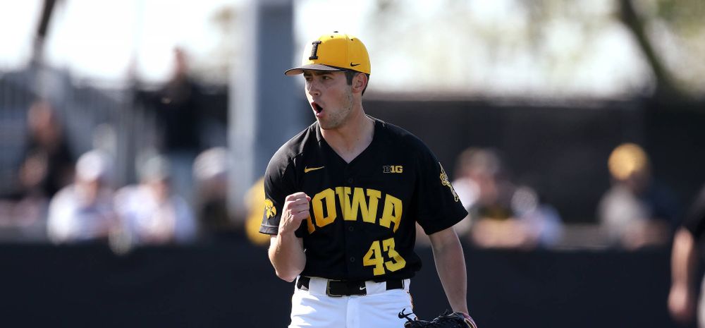 Iowa Hawkeyes Grant Leonard (43) reacts after recording the final out during game two against UC Irvine Saturday, May 4, 2019 at Duane Banks Field. (Brian Ray/hawkeyesports.com)