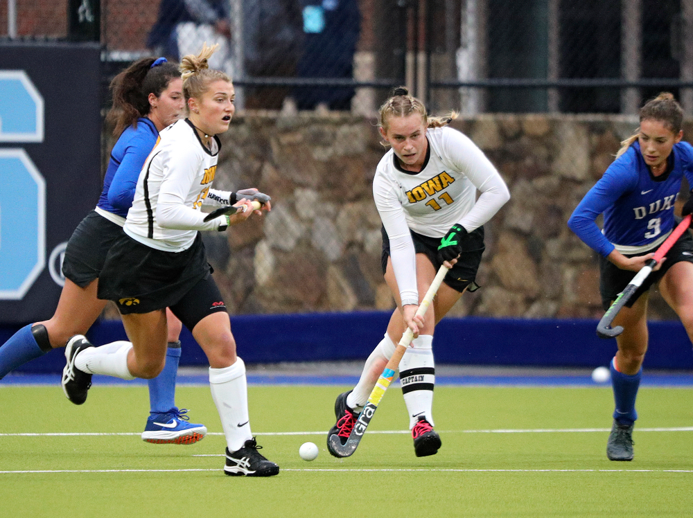 Iowa’s Katie Birch (11) moves down the field with Leah Zellner (left) during the fourth quarter of their NCAA Tournament First Round match against Duke at Karen Shelton Stadium in Chapel Hill, N.C. on Friday, Nov 15, 2019. (Stephen Mally/hawkeyesports.com)