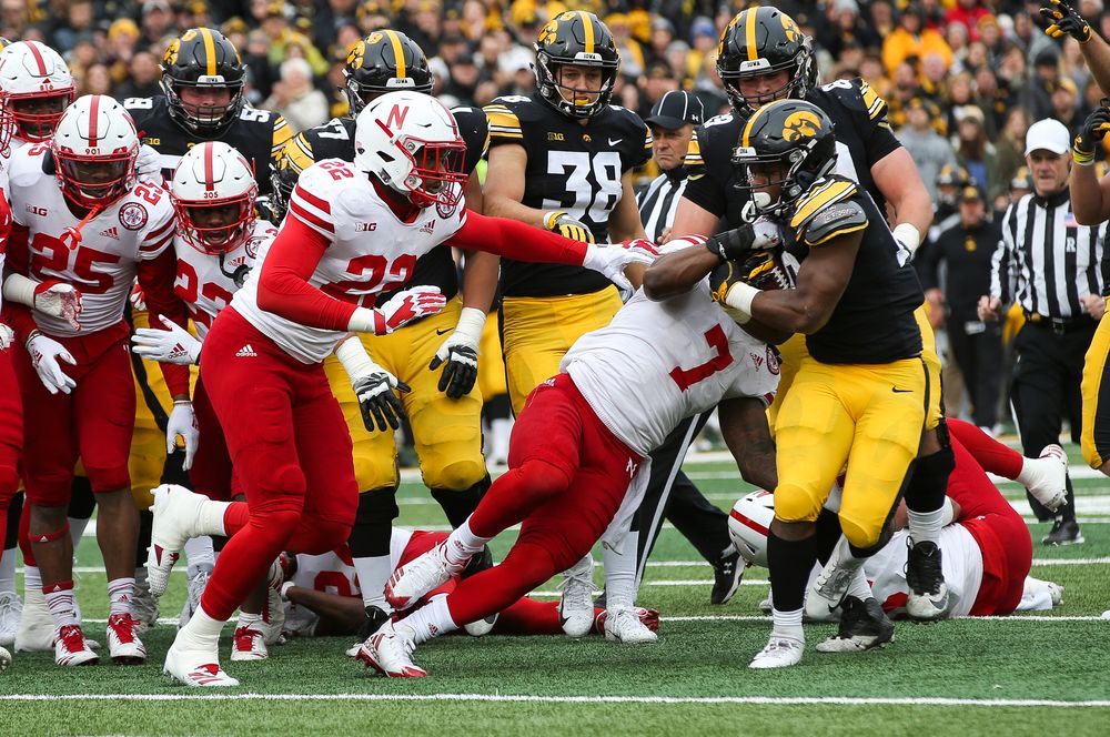 Iowa Hawkeyes running back Mekhi Sargent (10) runs the ball during a game against Nebraska at Kinnick Stadium on November 23, 2018. (Tork Mason/hawkeyesports.com)