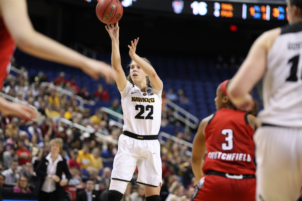 Iowa Hawkeyes guard Kathleen Doyle (22) against the NC State Wolfpack in the regional semi-final of the 2019 NCAA Women's College Basketball Tournament Saturday, March 30, 2019 at Greensboro Coliseum in Greensboro, NC.(Brian Ray/hawkeyesports.com)