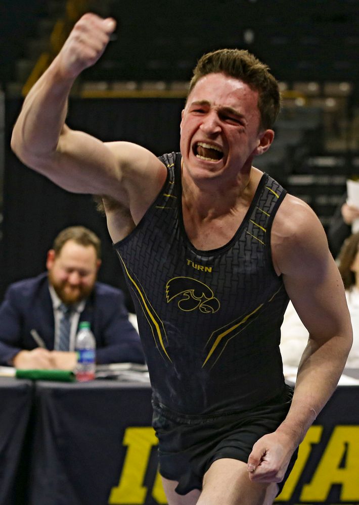 Iowa's Jake Brodarzon competes in the vault against Ohio State at Caver-Hawkeye Arena in Iowa City on Saturday, Mar. 16, 2019. (Stephen Mally for HawkeyeSports.com)