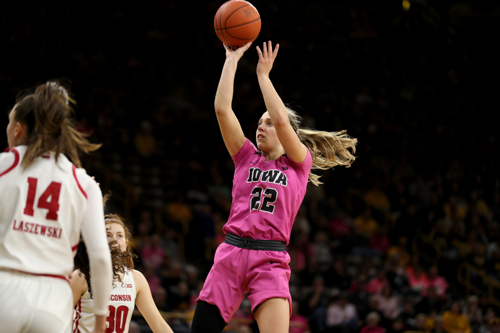 Iowa Hawkeyes guard Kathleen Doyle (22) against the Wisconsin Badgers Sunday, February 16, 2020 at Carver-Hawkeye Arena. (Brian Ray/hawkeyesports.com)