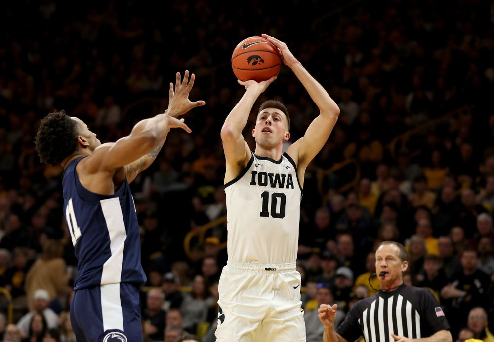 Iowa Hawkeyes guard Joe Wieskamp (10) knocks down a three point basket against Penn State Saturday, February 29, 2020 at Carver-Hawkeye Arena. (Brian Ray/hawkeyesports.com)
