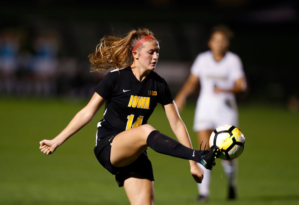 Iowa Hawkeyes Leah Moss (14) against the Purdue Boilermakers Thursday, September 20, 2018 at the Iowa Soccer Complex. (Brian Ray/hawkeyesports.com)