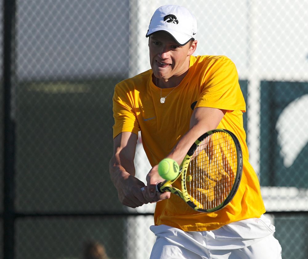 Iowa's Joe Tyler during their doubles match again Michigan State at the Hawkeye Tennis and Recreation Complex in Iowa City on Friday, Apr. 19, 2019. (Stephen Mally/hawkeyesports.com)