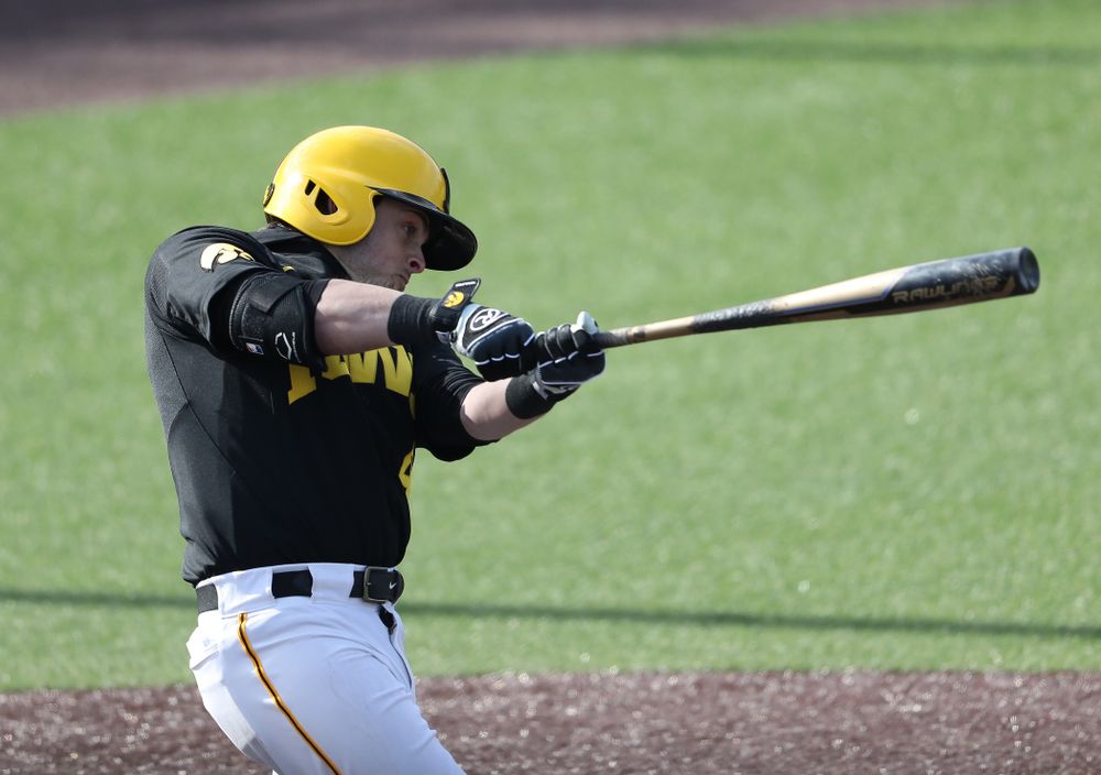 Iowa Hawkeyes infielder Mitchell Boe (4) reacts after hitting a game tying three-run homer against California State Northridge Sunday, March 17, 2019 at Duane Banks Field. (Brian Ray/hawkeyesports.com)