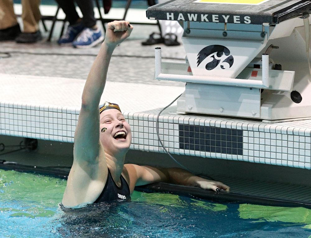 Iowa’s Aleksandra Olesiak reacts after setting a career-best time in the women’s 200 yard breaststroke C final event during the 2020 Women’s Big Ten Swimming and Diving Championships at the Campus Recreation and Wellness Center in Iowa City on Saturday, February 22, 2020. (Stephen Mally/hawkeyesports.com)