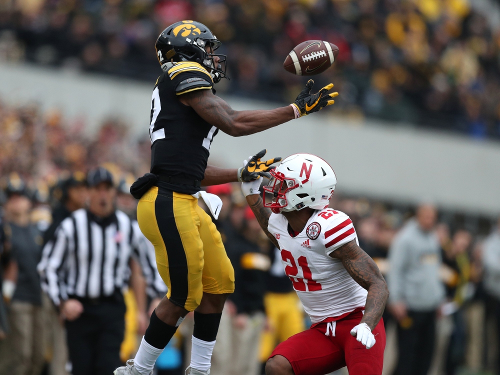 Iowa Hawkeyes wide receiver Brandon Smith (12) against the Nebraska Cornhuskers Friday, November 23, 2018 at Kinnick Stadium. (Brian Ray/hawkeyesports.com)