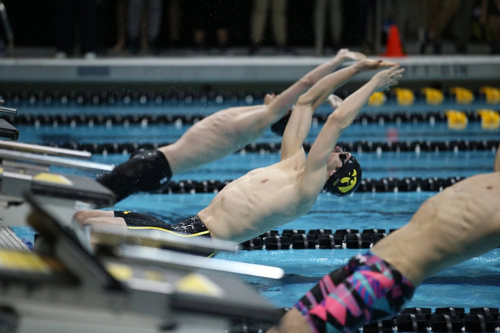The Iowa A team competes in the 200-yard medley relay at the 2019 Big Ten Swimming and Diving meet Wednesday, February 27, 2019 at the Campus Wellness and Recreation Center. (Lily Smith/hawkeyesports.com)