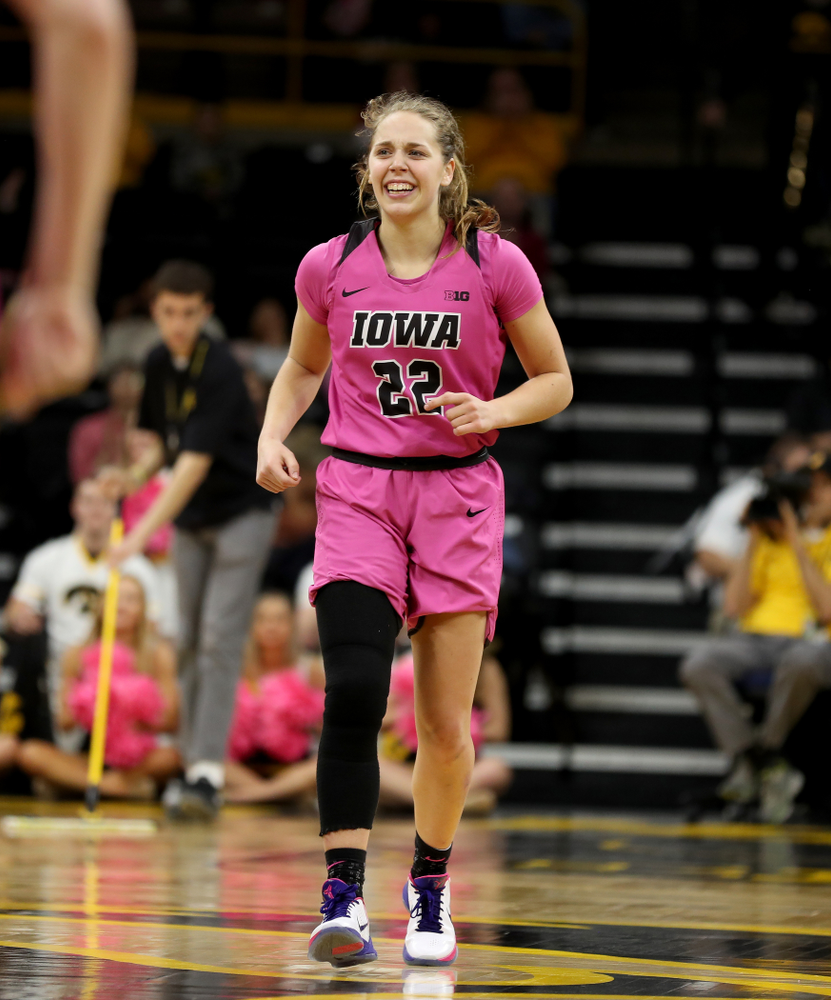 Iowa Hawkeyes guard Kathleen Doyle (22) against the Wisconsin Badgers Sunday, February 16, 2020 at Carver-Hawkeye Arena. (Brian Ray/hawkeyesports.com)