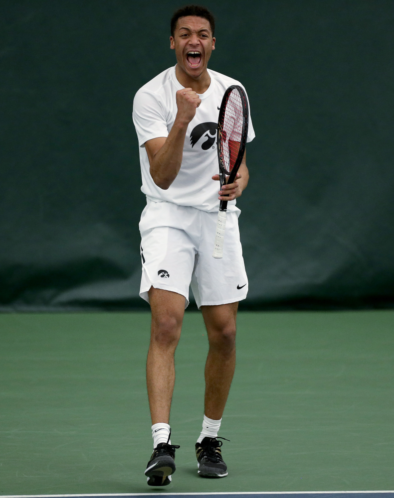 Iowa’s Oliver Okonkwo against Cornell Sunday, March 8, 2020 at the Hawkeye Tennis and Recreation Center. (Brian Ray/hawkeyesports.com)