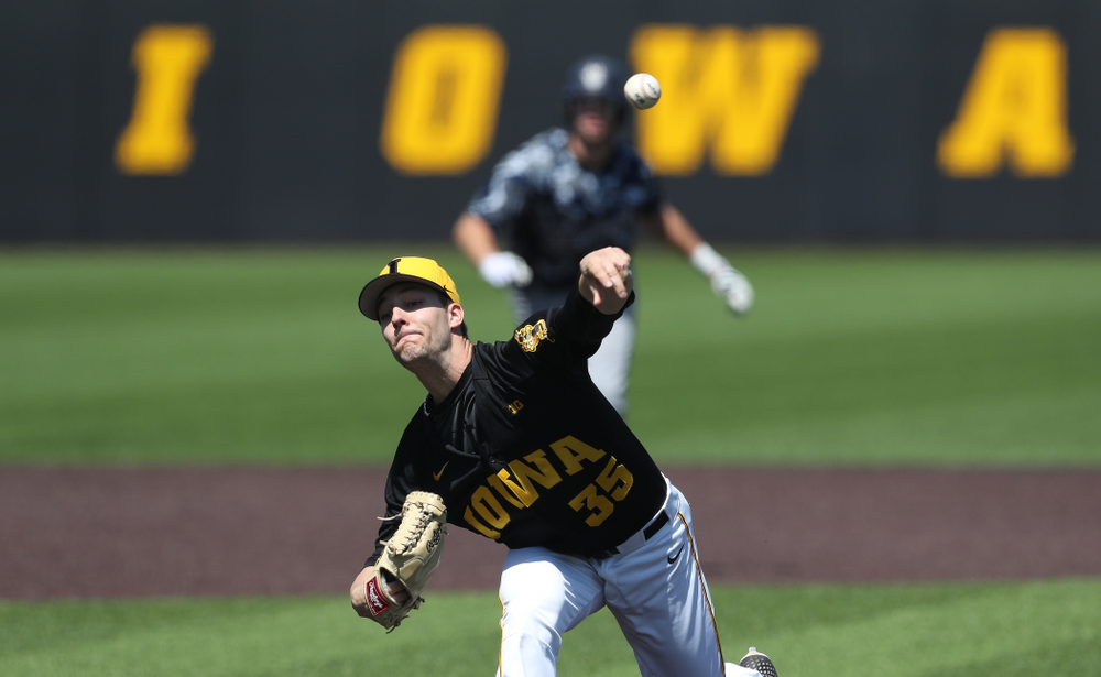 Iowa Hawkeyes Cam Baumann (35) delivers the ball to the plate during game two against UC Irvine Saturday, May 4, 2019 at Duane Banks Field. (Brian Ray/hawkeyesports.com)