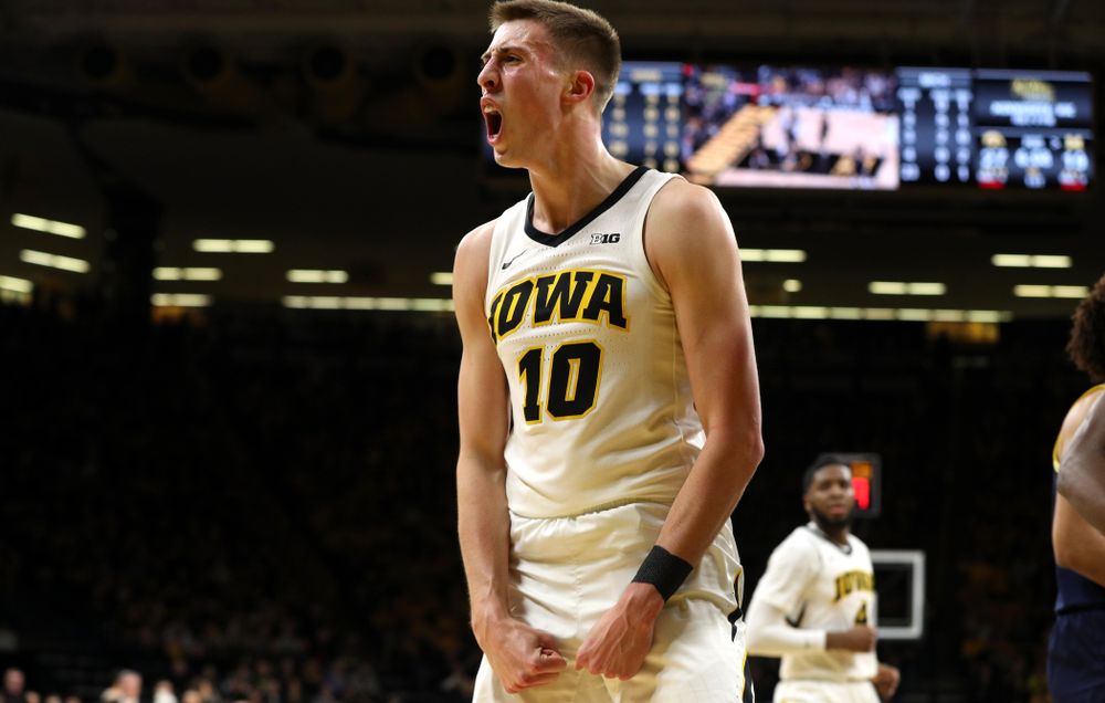 Iowa Hawkeyes guard Joe Wieskamp (10) reacts after getting an and one against the Michigan Wolverines Friday, February 1, 2019 at Carver-Hawkeye Arena. (Brian Ray/hawkeyesports.com)
