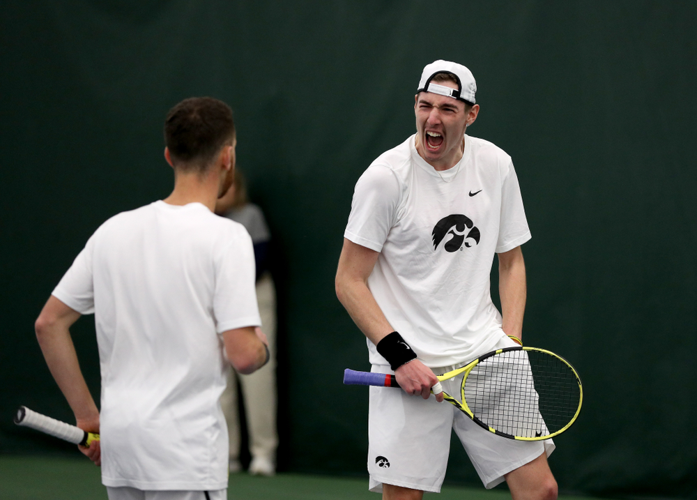 Iowa’s Karem Allaf and Nikita Snezhko play a doubles match against Cornell Sunday, March 8, 2020 at the Hawkeye Tennis and Recreation Center. (Brian Ray/hawkeyesports.com)