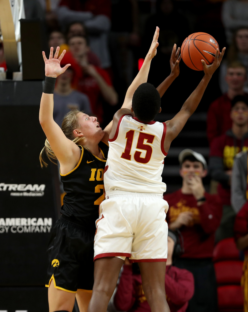 Iowa Hawkeyes forward/center Monika Czinano (25) against the Iowa State Cyclones Wednesday, December 11, 2019 at Hilton Coliseum in Ames, Iowa(Brian Ray/hawkeyesports.com)