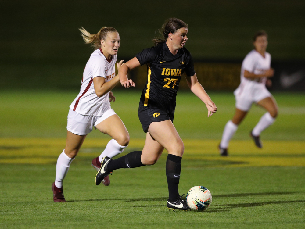 Iowa Hawkeyes forward Samantha Tawharu (27) during a 2-1 victory over the Iowa State Cyclones Thursday, August 29, 2019 in the Iowa Corn Cy-Hawk series at the Iowa Soccer Complex. (Brian Ray/hawkeyesports.com)