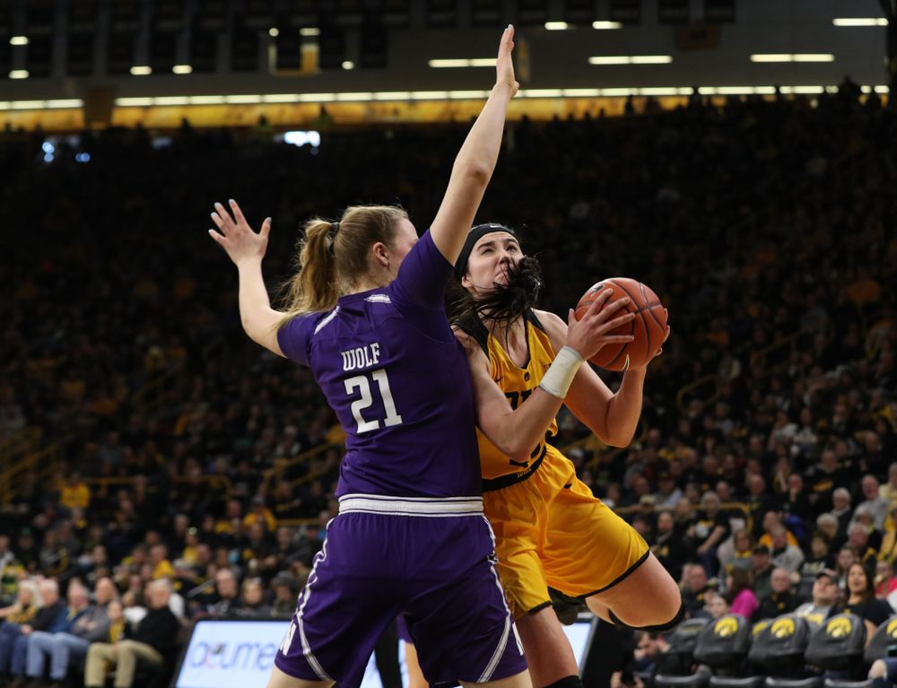Iowa Hawkeyes forward Megan Gustafson (10) against the Northwestern Wildcats Sunday, March 3, 2019 at Carver-Hawkeye Arena. (Brian Ray/hawkeyesports.com)