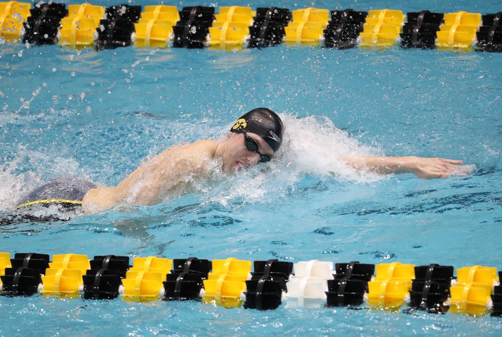 Iowa's Jackson Allmon swims the third leg of the 800 freestyle relay at the 2019 Big Ten Swimming and Diving meet Wednesday, February 27, 2019 at the Campus Wellness and Recreation Center. (Brian Ray/hawkeyesports.com)