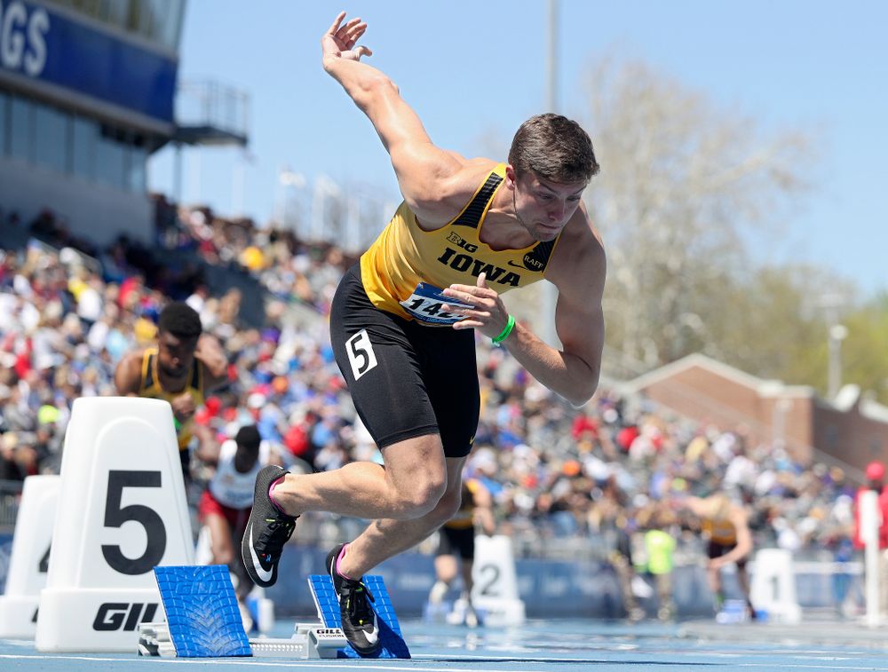 Iowa's Noah Larrison runs in the men's 400 meter hurdles event during the second day of the Drake Relays at Drake Stadium in Des Moines on Friday, Apr. 26, 2019. (Stephen Mally/hawkeyesports.com)