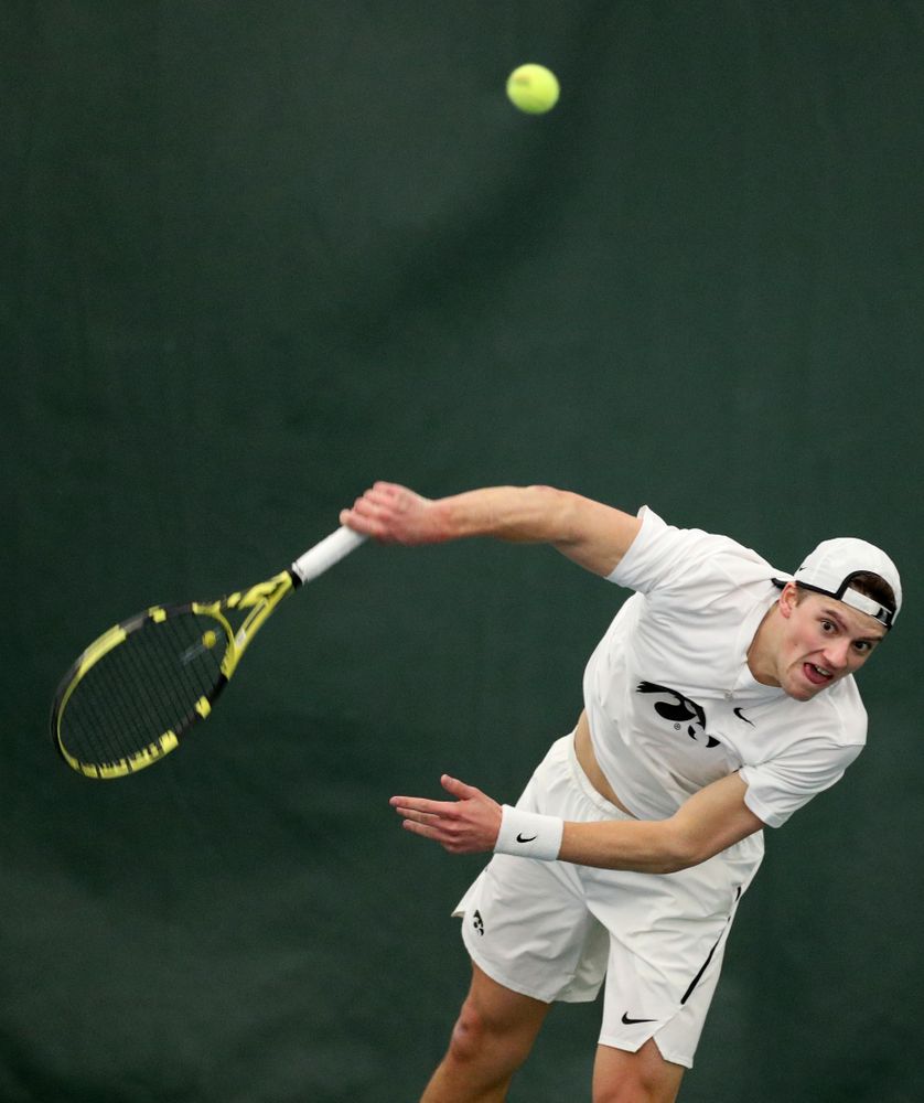 Iowa’s Joe Tyler against Cornell Sunday, March 8, 2020 at the Hawkeye Tennis and Recreation Center. (Brian Ray/hawkeyesports.com)