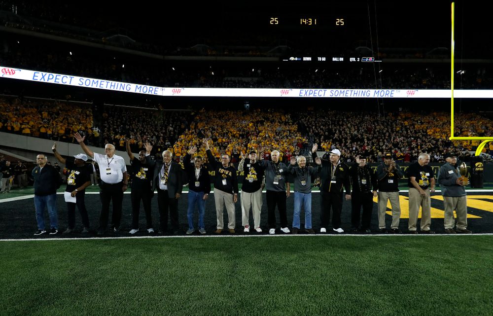 The 19058 National Championship team is introduced during the Iowa Hawkeyes game against the Wisconsin Badgers Saturday, September 22, 2018 at Kinnick Stadium. (Brian Ray/hawkeyesports.com)