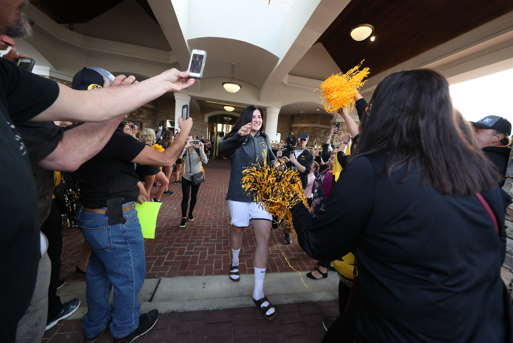 Iowa Hawkeyes forward Megan Gustafson (10) during a send off at the hotel before their game against the NC State Wolfpack in the regional semi-final of the 2019 NCAA Women's College Basketball Tournament Saturday, March 30, 2019 at Greensboro Coliseum in Greensboro, NC.(Brian Ray/hawkeyesports.com)