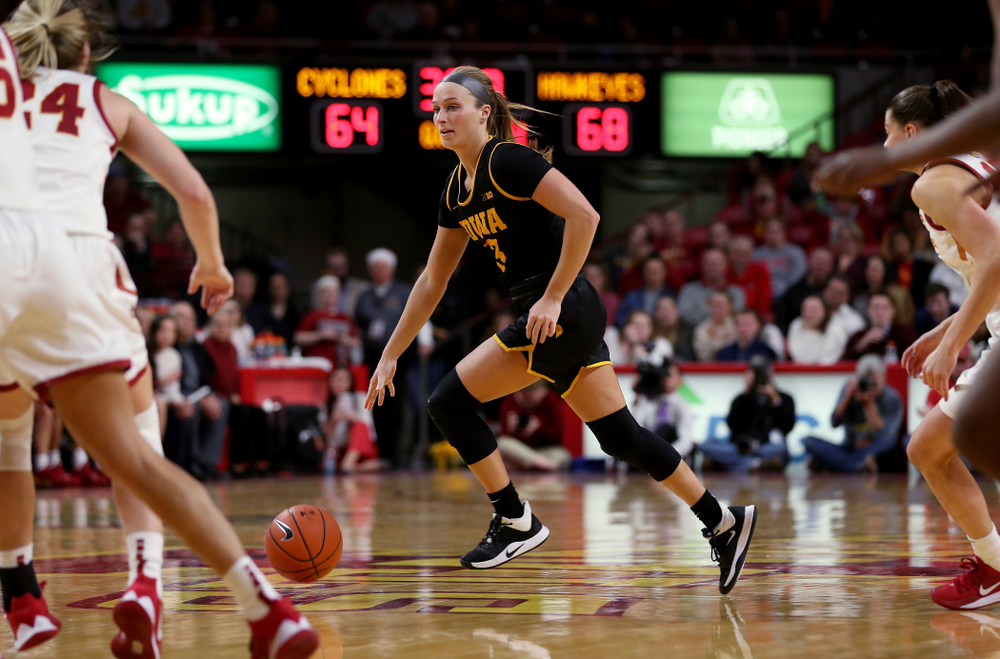 Iowa Hawkeyes guard Makenzie Meyer (3) against the Iowa State Cyclones Wednesday, December 11, 2019 at Hilton Coliseum in Ames, Iowa(Brian Ray/hawkeyesports.com)