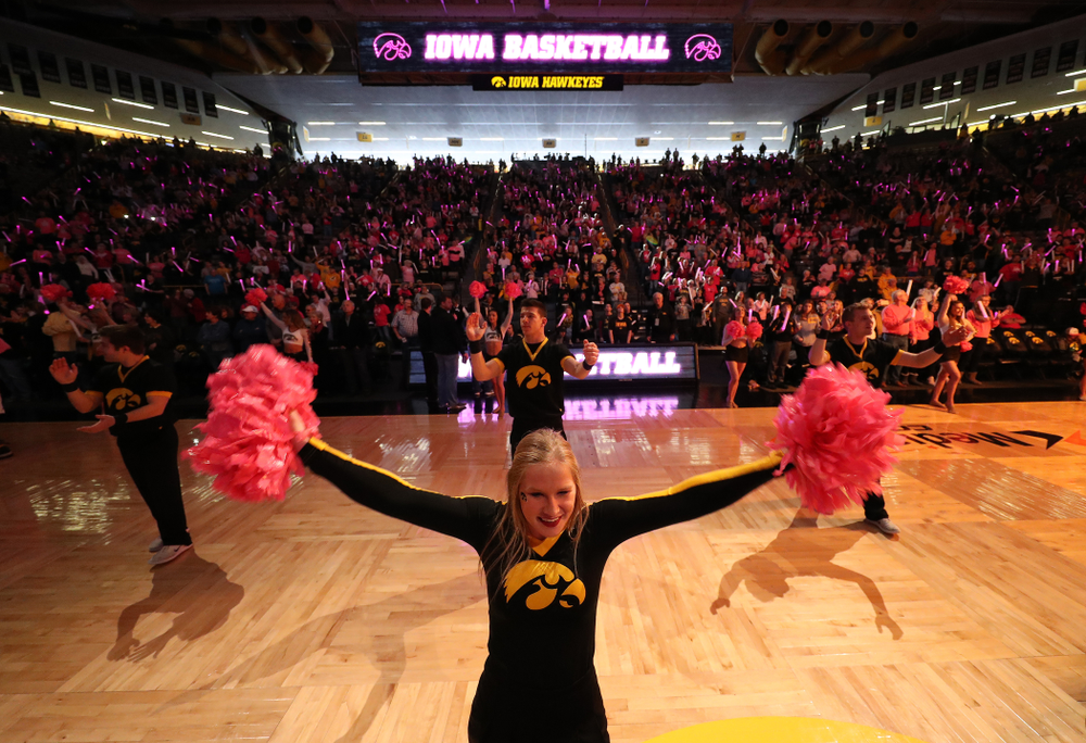 The Iowa Cheerleaders get the fans pumped up for the Hawkeyes game against the seventh ranked Maryland Terrapins Sunday, February 17, 2019 at Carver-Hawkeye Arena. (Brian Ray/hawkeyesports.com)