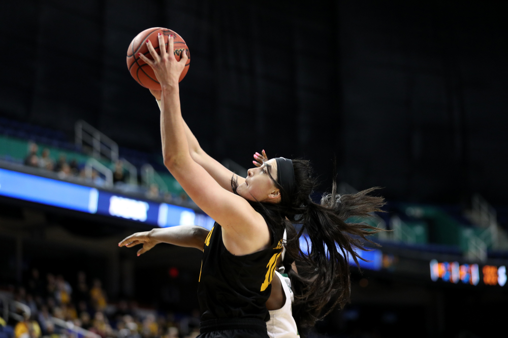 Iowa Hawkeyes forward Megan Gustafson (10) against the Baylor Lady Bears in the regional final of the 2019 NCAA Women's College Basketball Tournament Monday, April 1, 2019 at Greensboro Coliseum in Greensboro, NC.(Brian Ray/hawkeyesports.com)