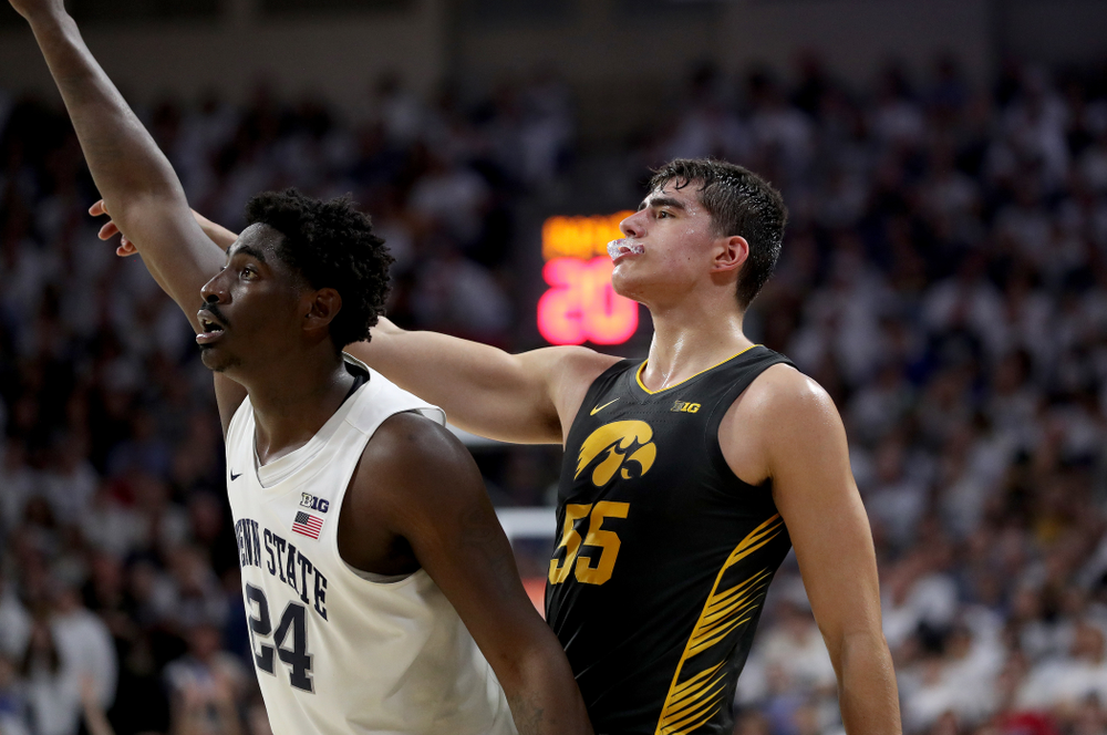 Iowa Hawkeyes forward Luka Garza (55) against Penn State Saturday, January 4, 2020 at the Palestra in Philadelphia. (Brian Ray/hawkeyesports.com)